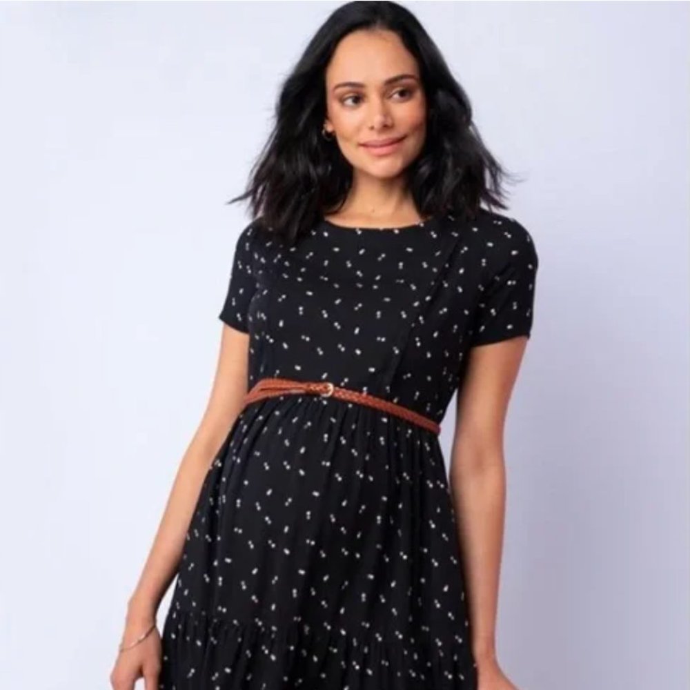 Seraphine Black Dot Tiered Maternity & Nursing Dress SIZE 8